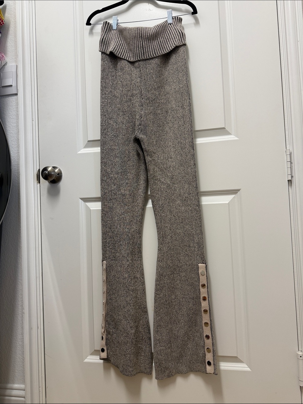 Knit Button-Trim Wide Leg Pants in Taupe